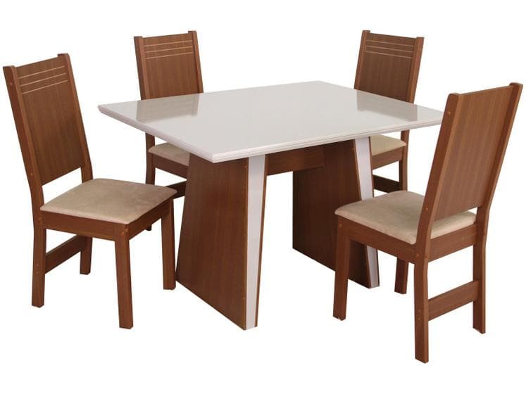 Mesa de Jantar 4 Cadeiras Retangular Naturalle e Off-White Tampo de MDF Verona Móveis São Carlos