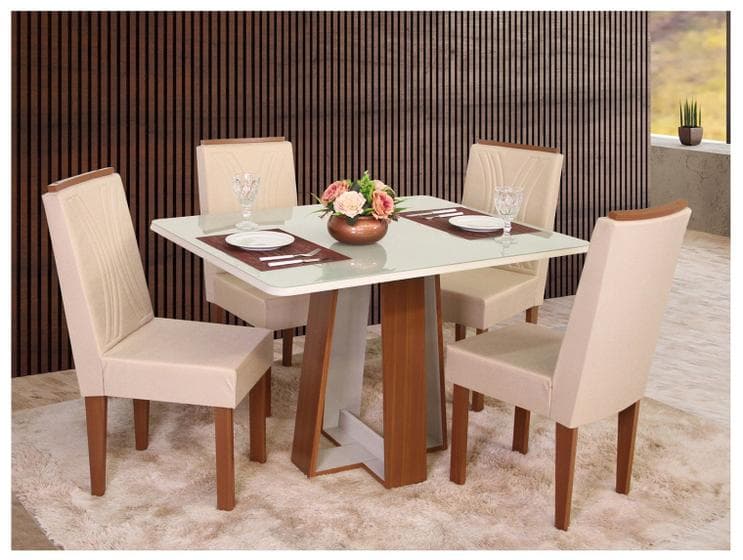 Mesa de Jantar 4 Cadeiras Retangular Naturalle e Off-White Tampo de Vidro Laís Móveis São Carlos