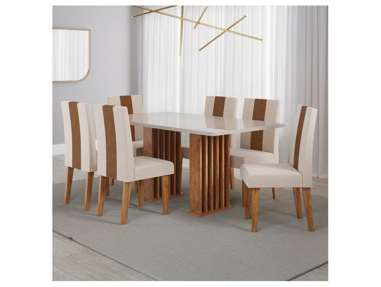 Mesa de Jantar 6 Cadeiras 6 Lugares Retangular Mel Bronze e Off White Viero Móveis Vigo
