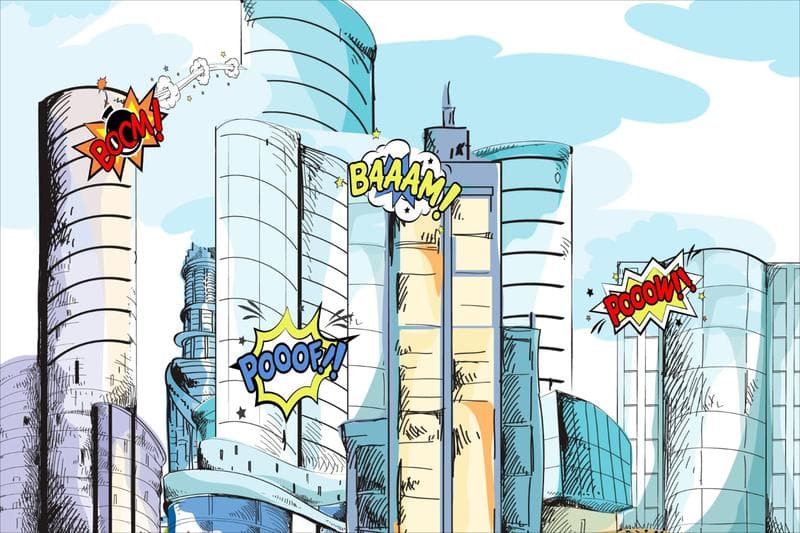 Painel de lona Circo Prédios na Cidade Super Heróis HQ