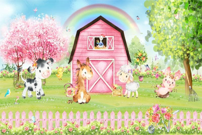 Painel de Lona Fazendinha Rosa Aquarela Festa dos Bichos