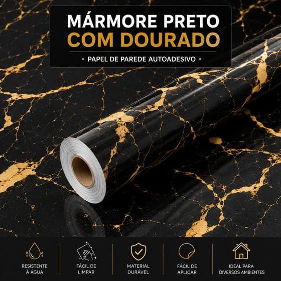 Papel Parede Mármore Dourado 2 e 5 Metros Para Cozinha Impermeável Resistente a Altas Temperatura
