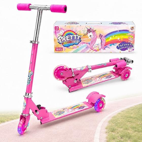 Patinete de Metal Luzes nas 3 Rodas Ajuste Altura Meninas Unicórnio Rosa até 35kg