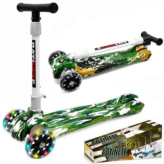 Patinete Infantil Meninos Camuflado Verde 45kg Luzes 3 Rodas
