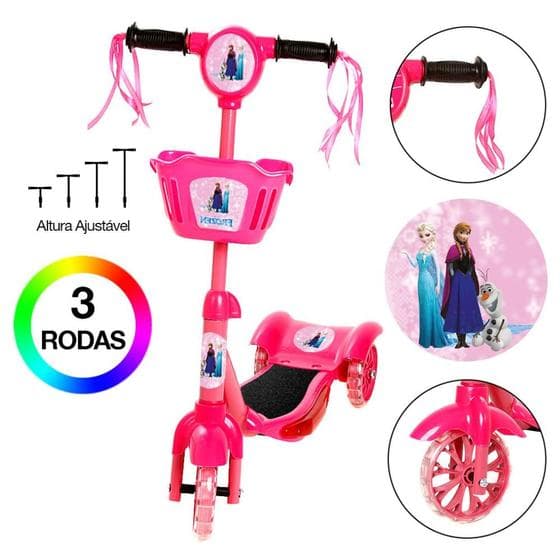 Patinete Infantil Rosa da Frozen 3 Rodas Com Led e Som