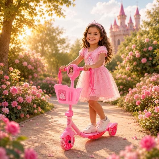 Patinete Infantil Rosa Zippy Toys 3 Rodas com Luz LED Música Cestinha Princesas Suporta 35kg