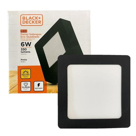 Plafon Quadrado Sobrepor 6w Preto Branco Neutro 4000K