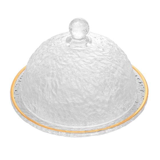 Queijeira de Cristal Martelado com Tampa e Fio de Ouro Petra 19,5cm x 13cm - Lyor