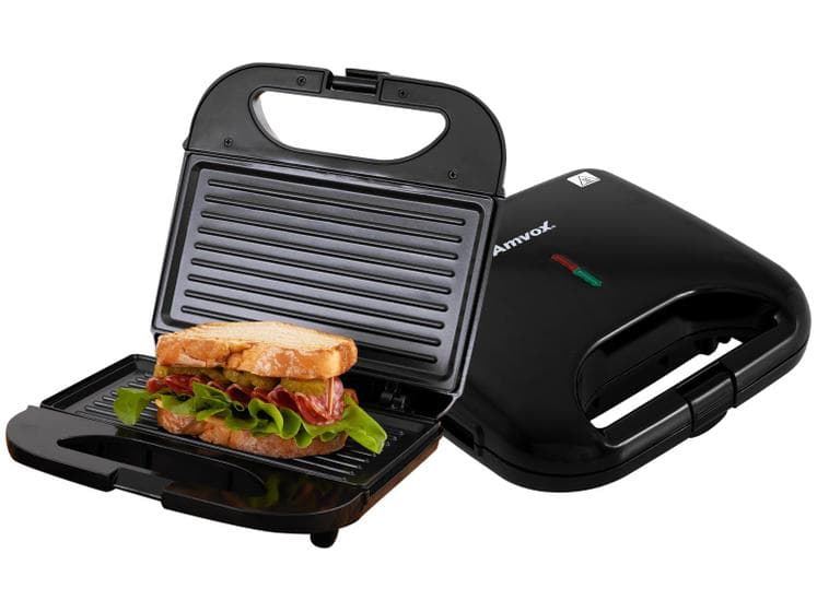 Sanduicheira e Grill Elétrica 750W Lanches Dupla Antiaderente Preta 220V Amvox AMS 370 BLACK
