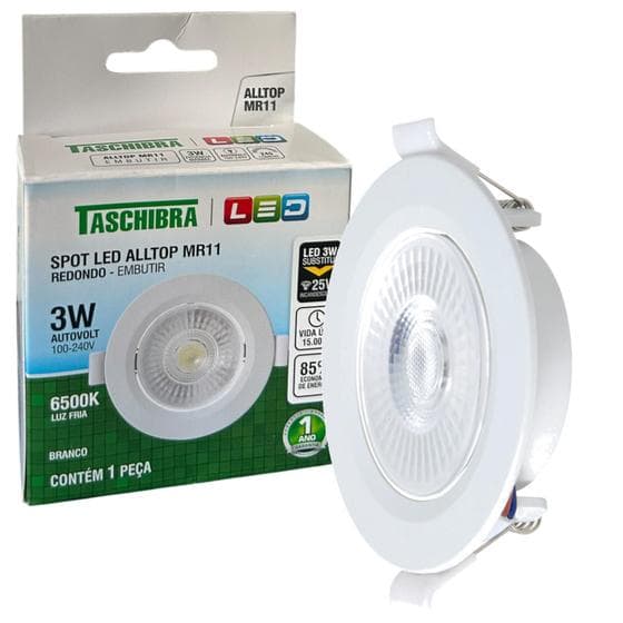 Spot Led Redondo Embutir 3W MR11 Luz Branca 6500K