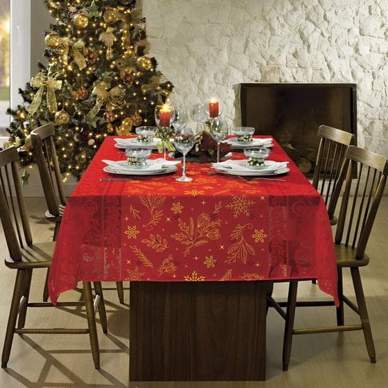 Toalha de Mesa Rendada Natal 8 Lugares Com Glitter Vermelha 1,50x2,50m Lepper