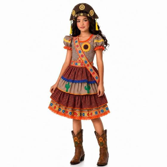 Vestido Maria Bonita Infantil de Festa Junina Luxo Com Bolsinha