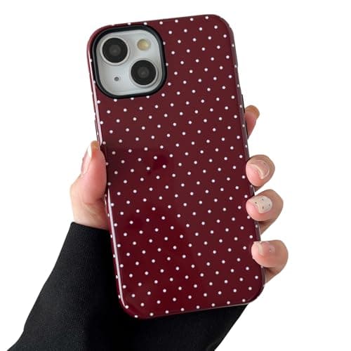 Sayoaho Compatível com capa para iPhone 14 Plus e capa 15 Plus, design estético de estampa de bolinhas fofo para mulheres, TPU macio e capa de telefone à prova de choque traseira rígida, vinho tinto