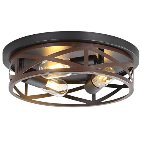 Luz de teto de 33 cm para casa de fazenda perto de luzes de teto, com acabamento de madeira, gaiola de metal, 3 luzes, luz de teto preta industrial com montagem semiembutida para casa, corredor