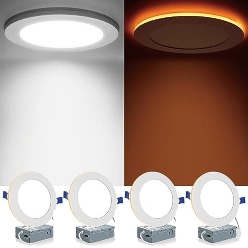 Meconard Pacote com 4 luzes embutidas LED 5CCT 5CCT com luz noturna, 2700K/3000K/3500K/4000K/5000K luzes de teto de LED ultrafinas selecionáveis, 12W=110W, 1050LM, luz LED regulável ETL&FCC