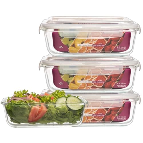 KIT 3 Potes de Vidro Retangular com Tampa Hermética 1520ml Cor:Branco (QH)
