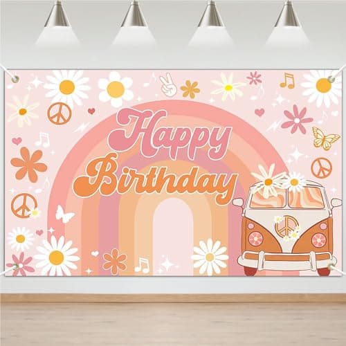 Avezano Faixa de aniversário Groovy para decoração de festa de aniversário hippie retrô para meninas, margarida, boêmio, tema arco-íris, sessão de fotos 70,8 x 43,3 polegadas